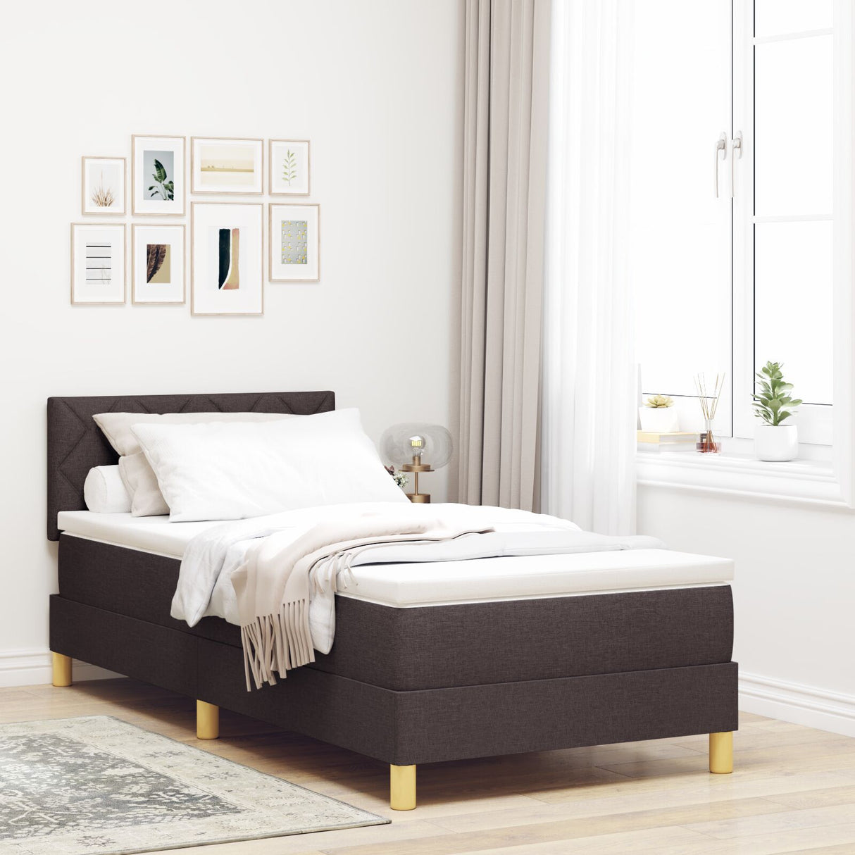 Box Spring Bed With Mattress & Led Dark Brown 90X200 Cm Fabric