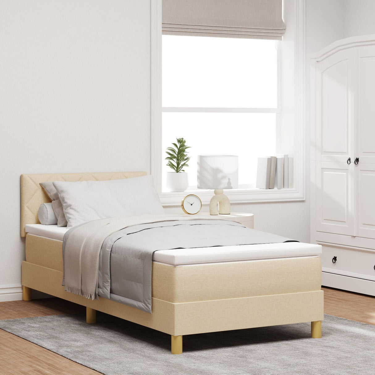Box Spring Bed With Mattress & Led Cream 90X200 Cm Fabric