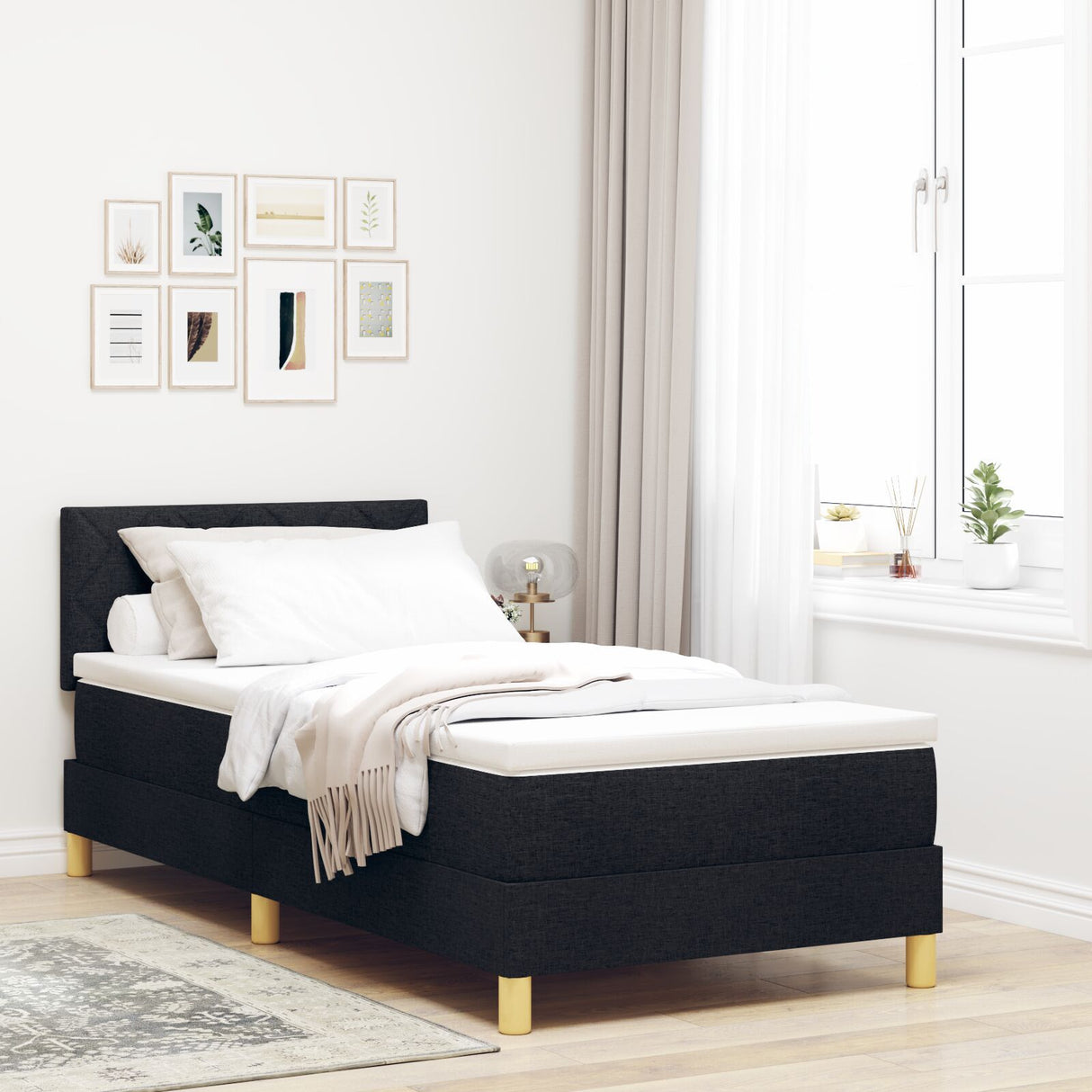 Box Spring Bed With Mattress & Led Black 100X200 Cm Fabric