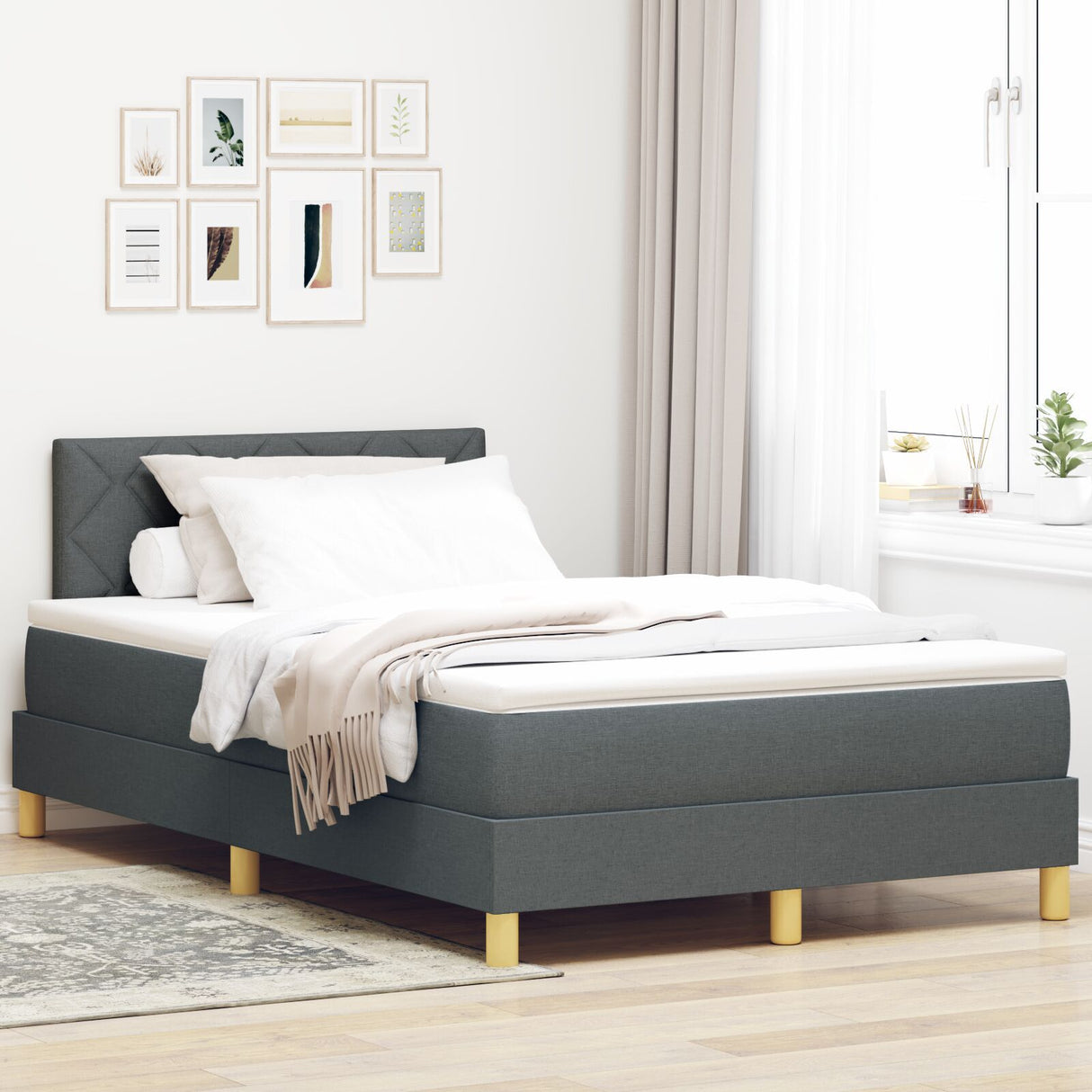 Box Spring Bed With Mattress & Led Dark Grey 120X200 Cm Fabric