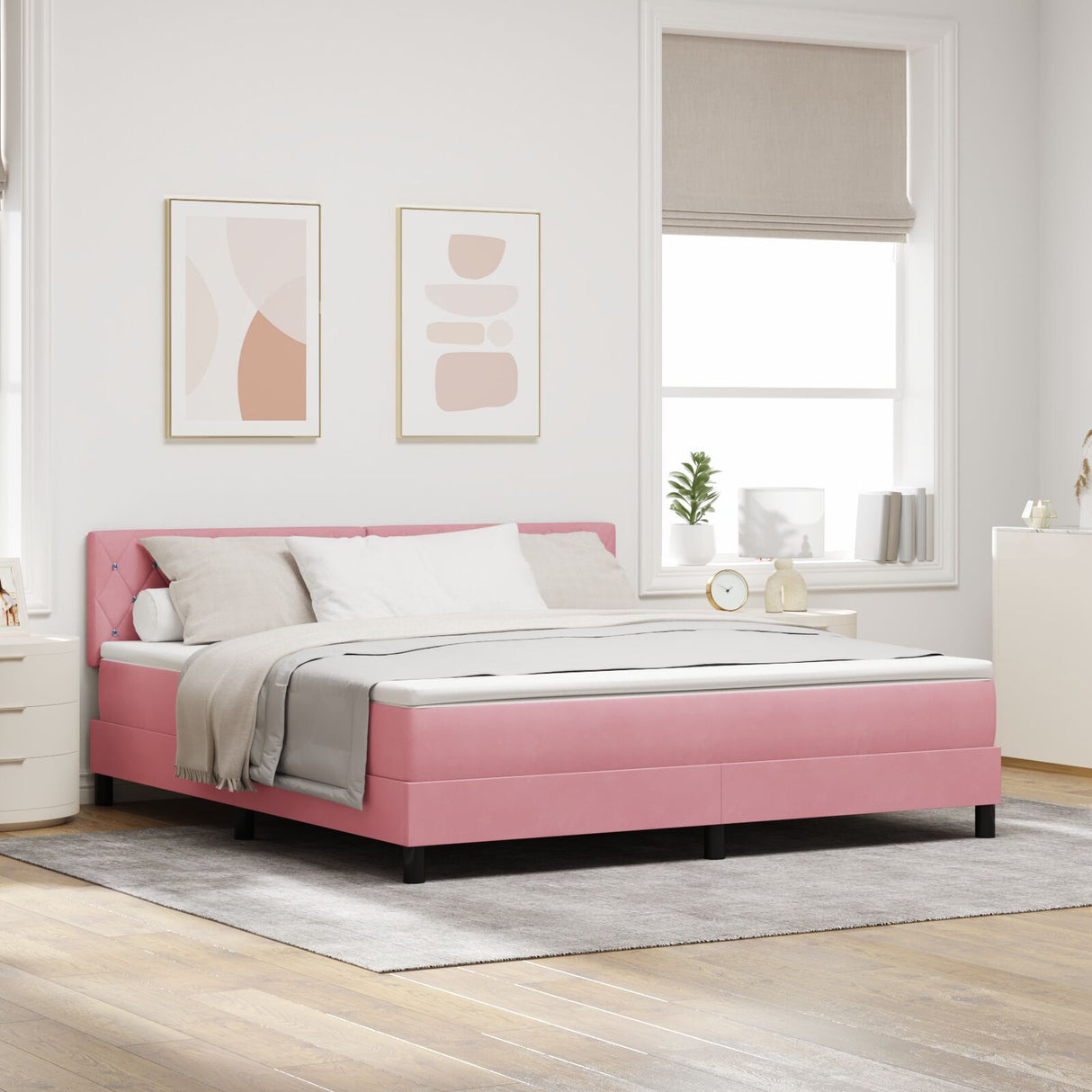 Box Spring Bed With Mattress & Led Pink 180X200 Cm Velvet