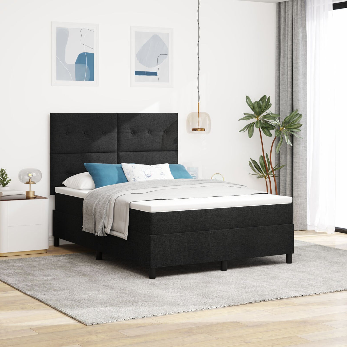 Box Spring Bed With Mattress & Led Black 160X200 Cm Fabric