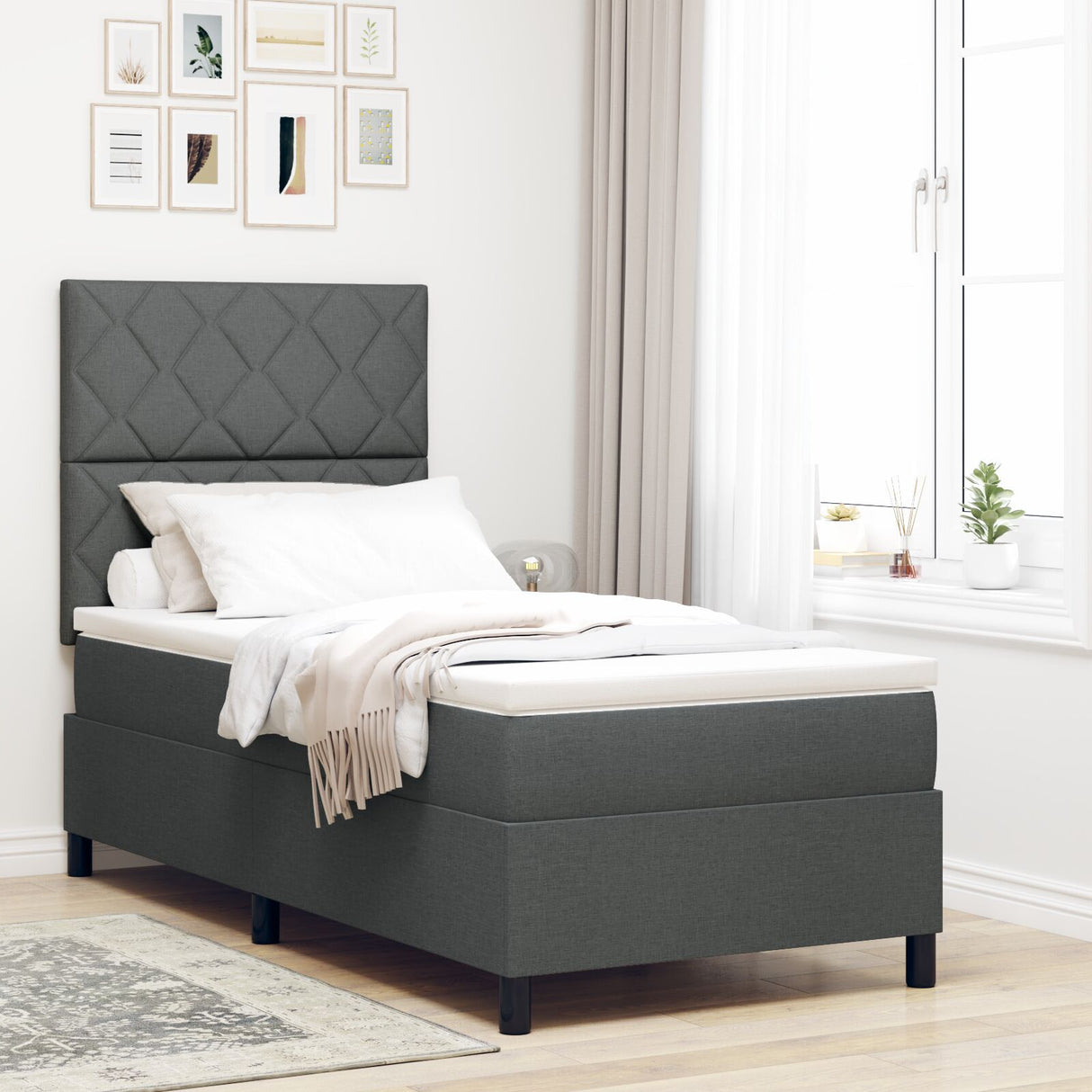 Box Spring Bed With Mattress & Led Dark Grey 90X190 Cm Fabric