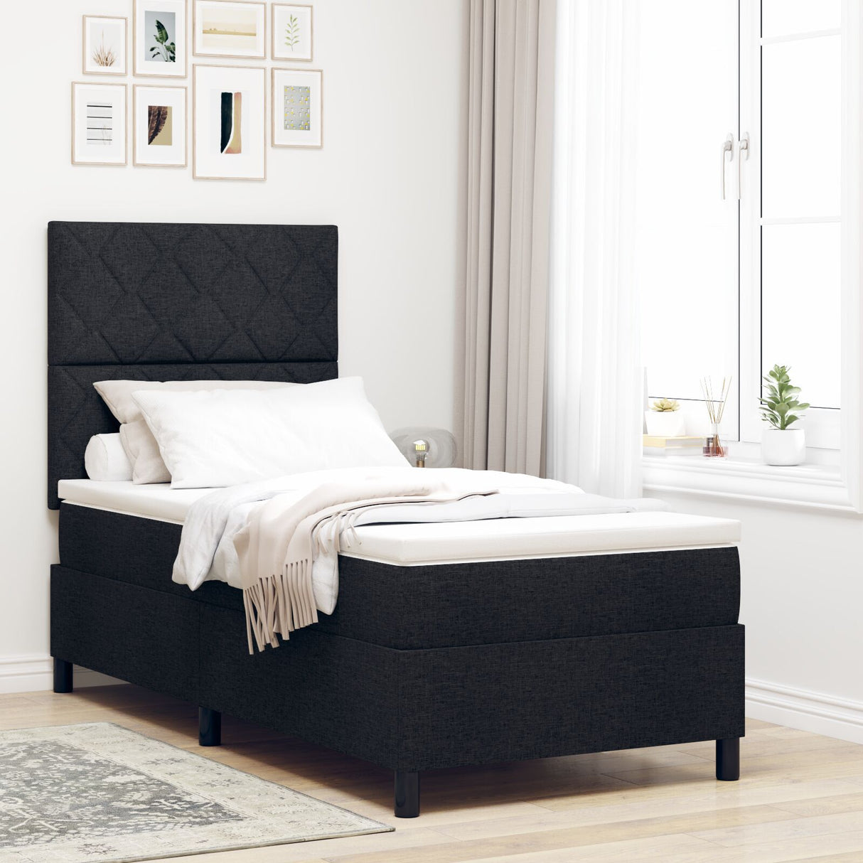 Box Spring Bed With Mattress & Led Black 90X190 Cm Fabric
