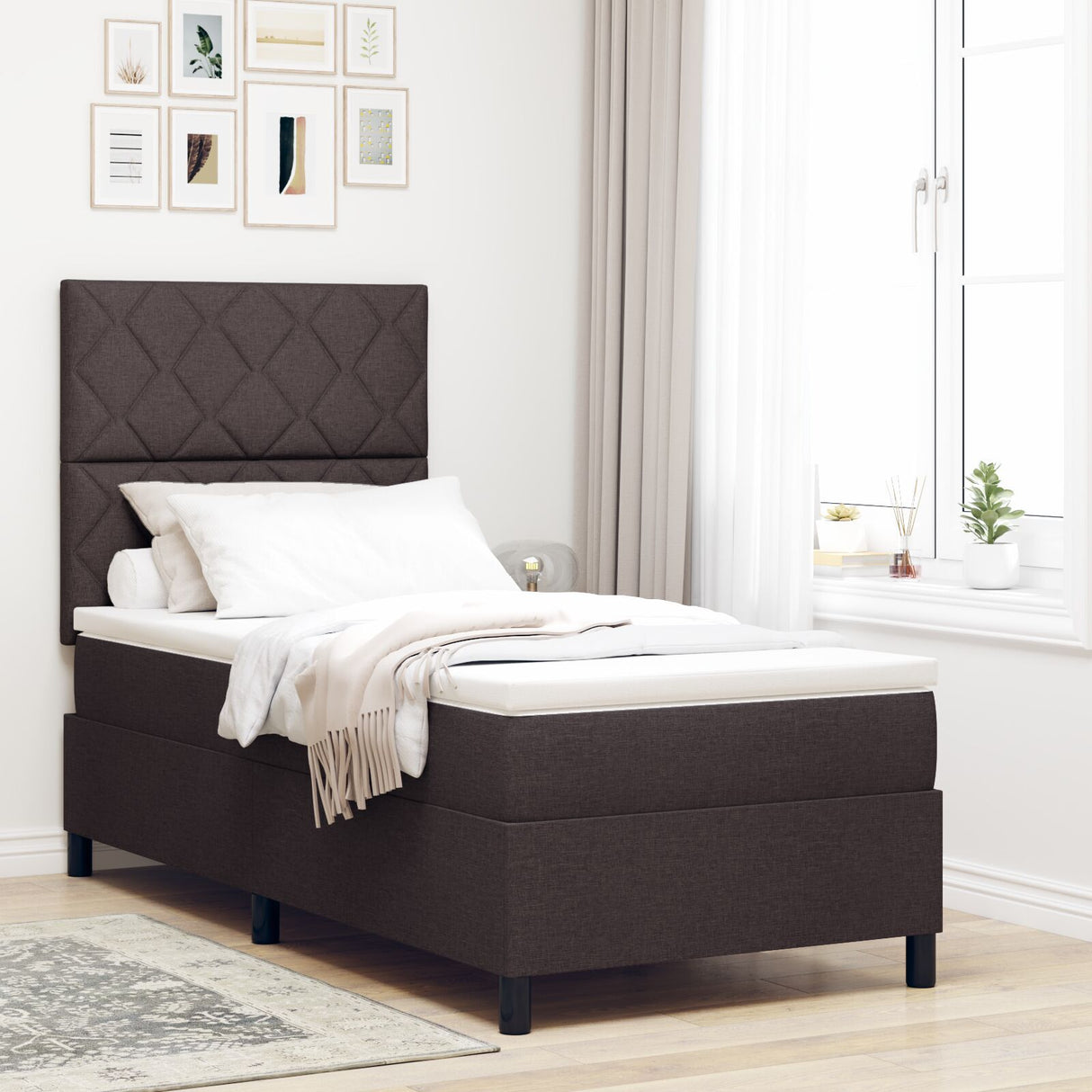 Box Spring Bed With Mattress & Led Dark Brown 90X190 Cm Fabric
