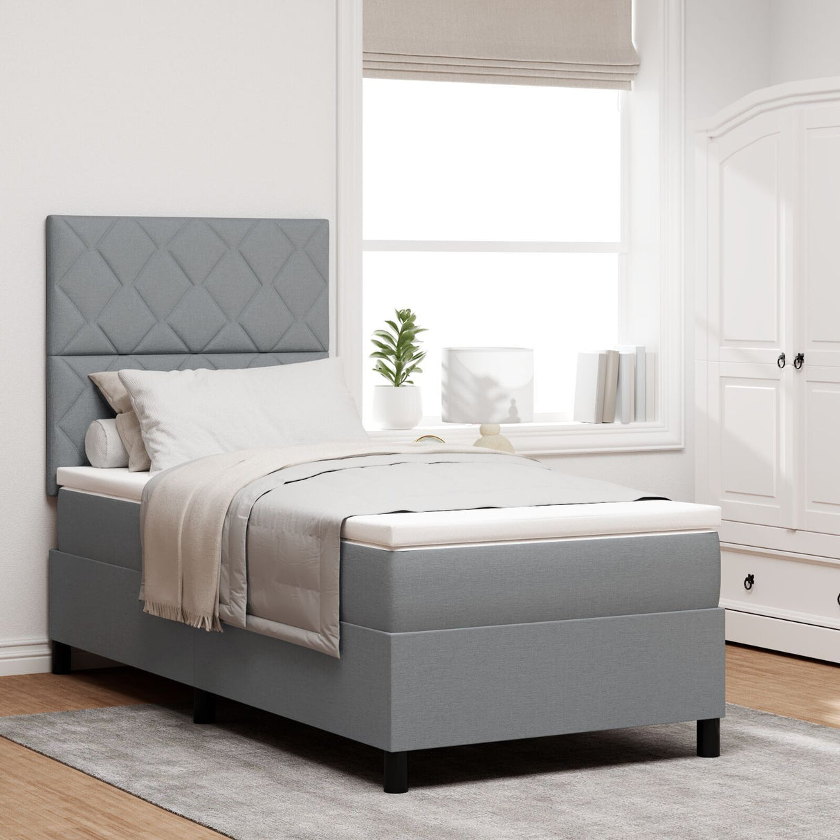 Box Spring Bed With Mattress & Led Light Grey 90X200 Cm Fabric