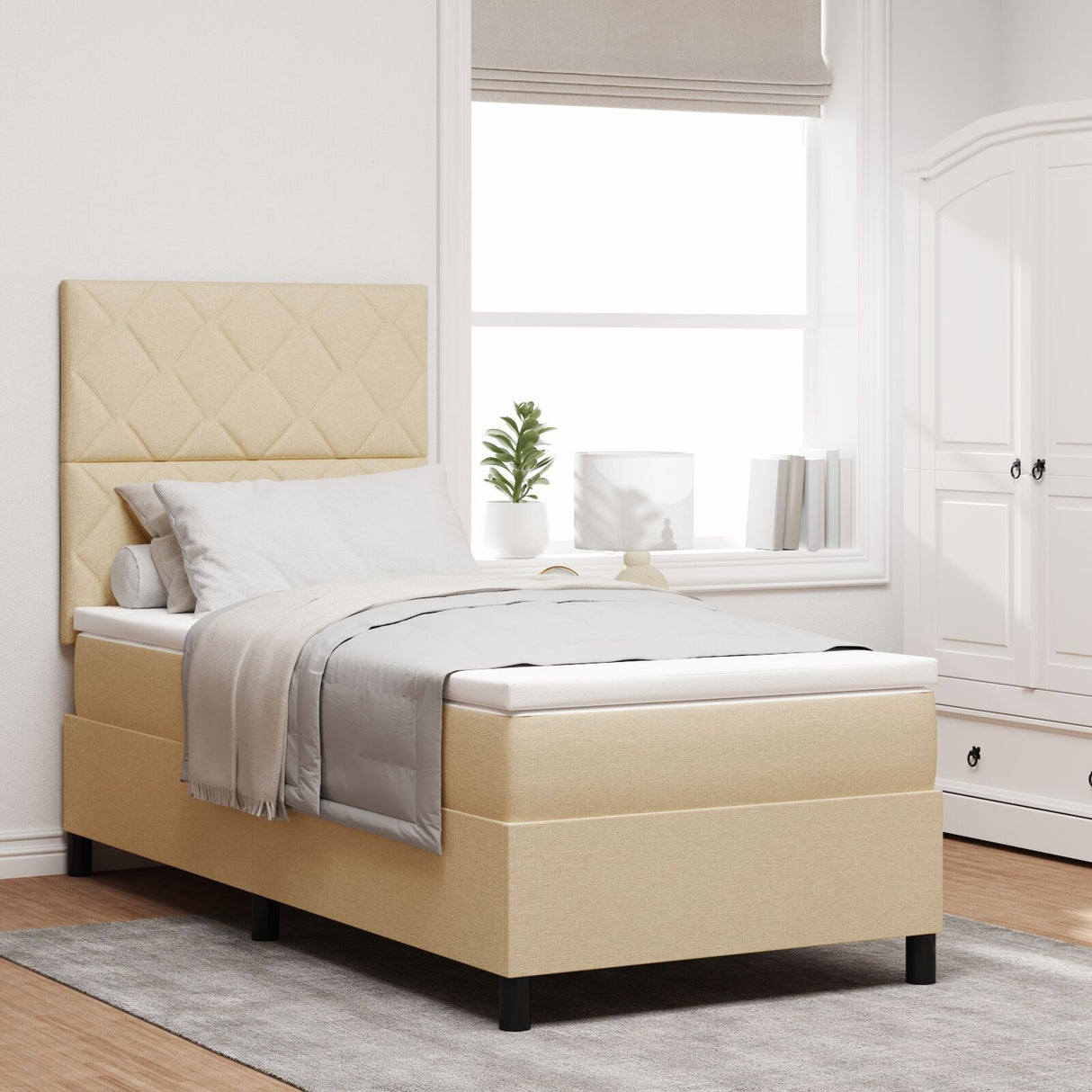 Box Spring Bed With Mattress & Led Cream 100X200 Cm Fabric