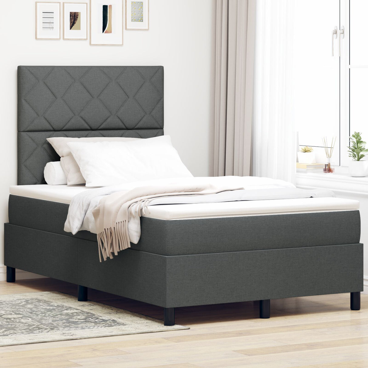 Box Spring Bed With Mattress & Led Dark Grey 120X190 Cm Fabric