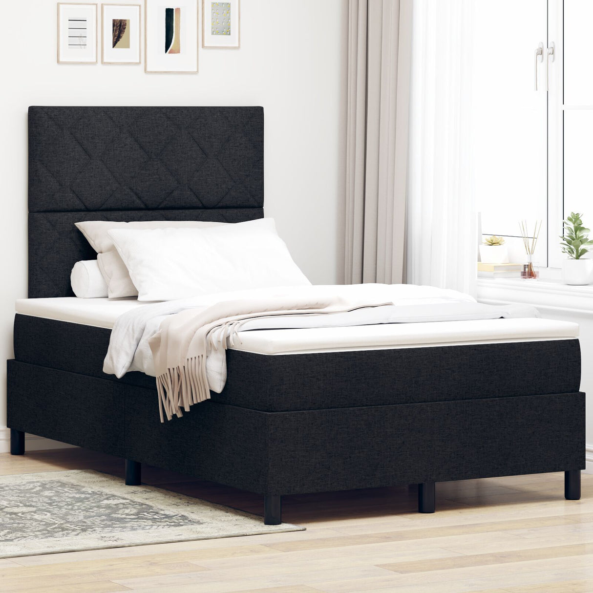 Box Spring Bed With Mattress & Led Black 120X190 Cm Fabric