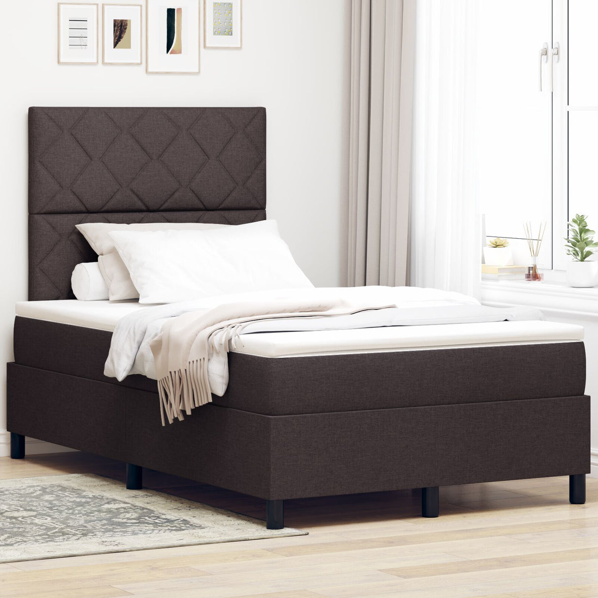 Box Spring Bed With Mattress & Led Dark Brown 120X200 Cm Fabric
