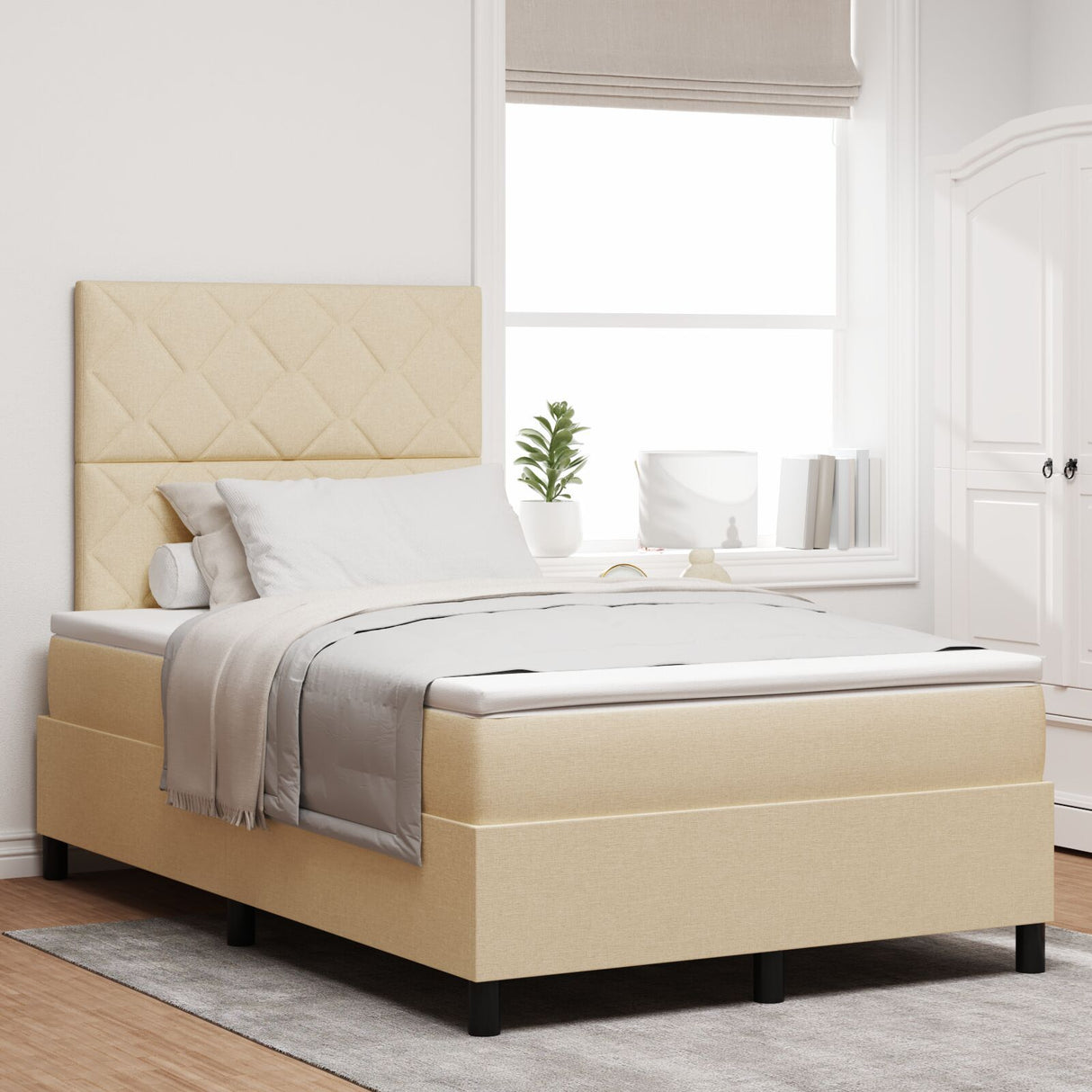 Box Spring Bed With Mattress & Led Cream 120X200 Cm Fabric