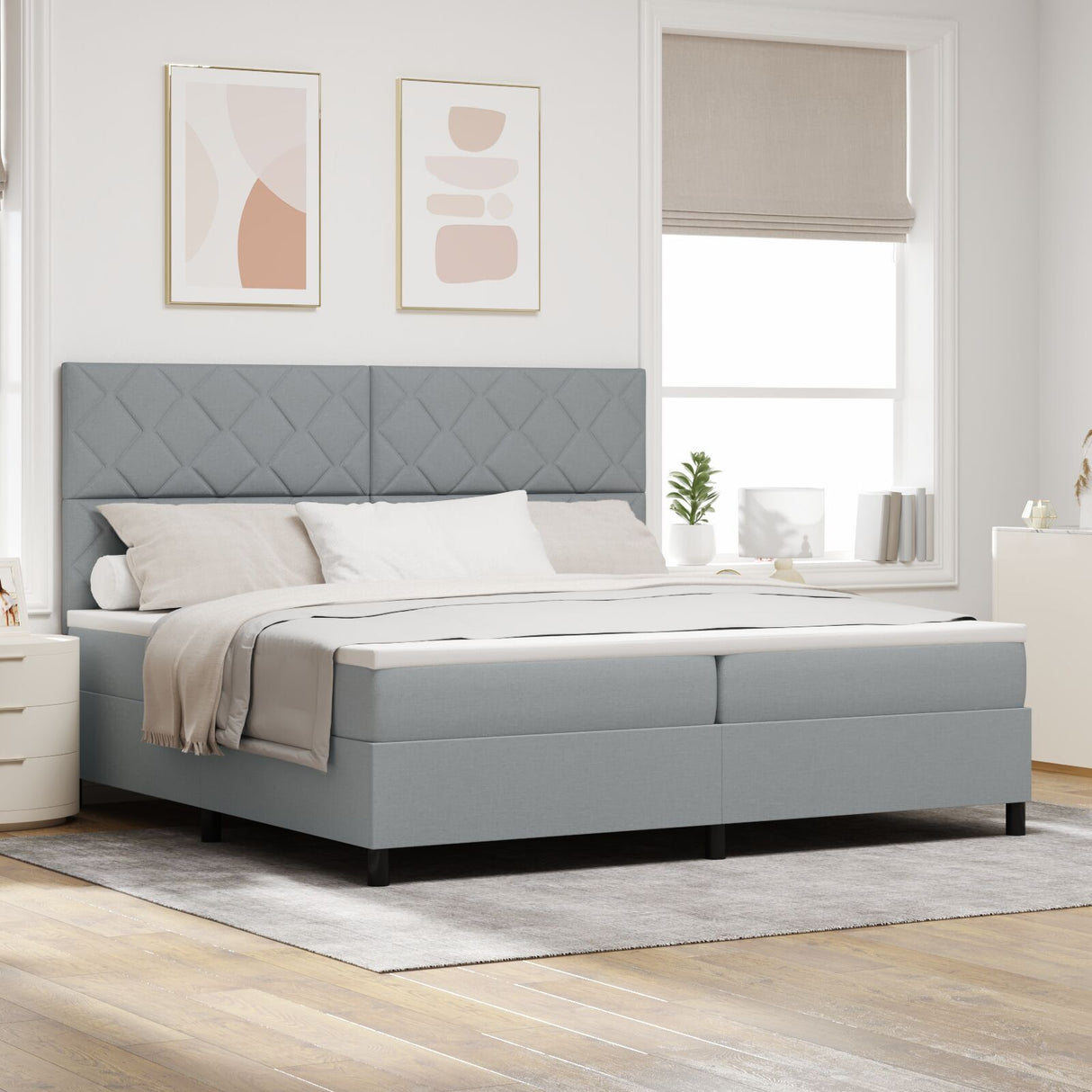 Box Spring Bed With Mattress & Led Light Grey 200X200 Cm Fabric