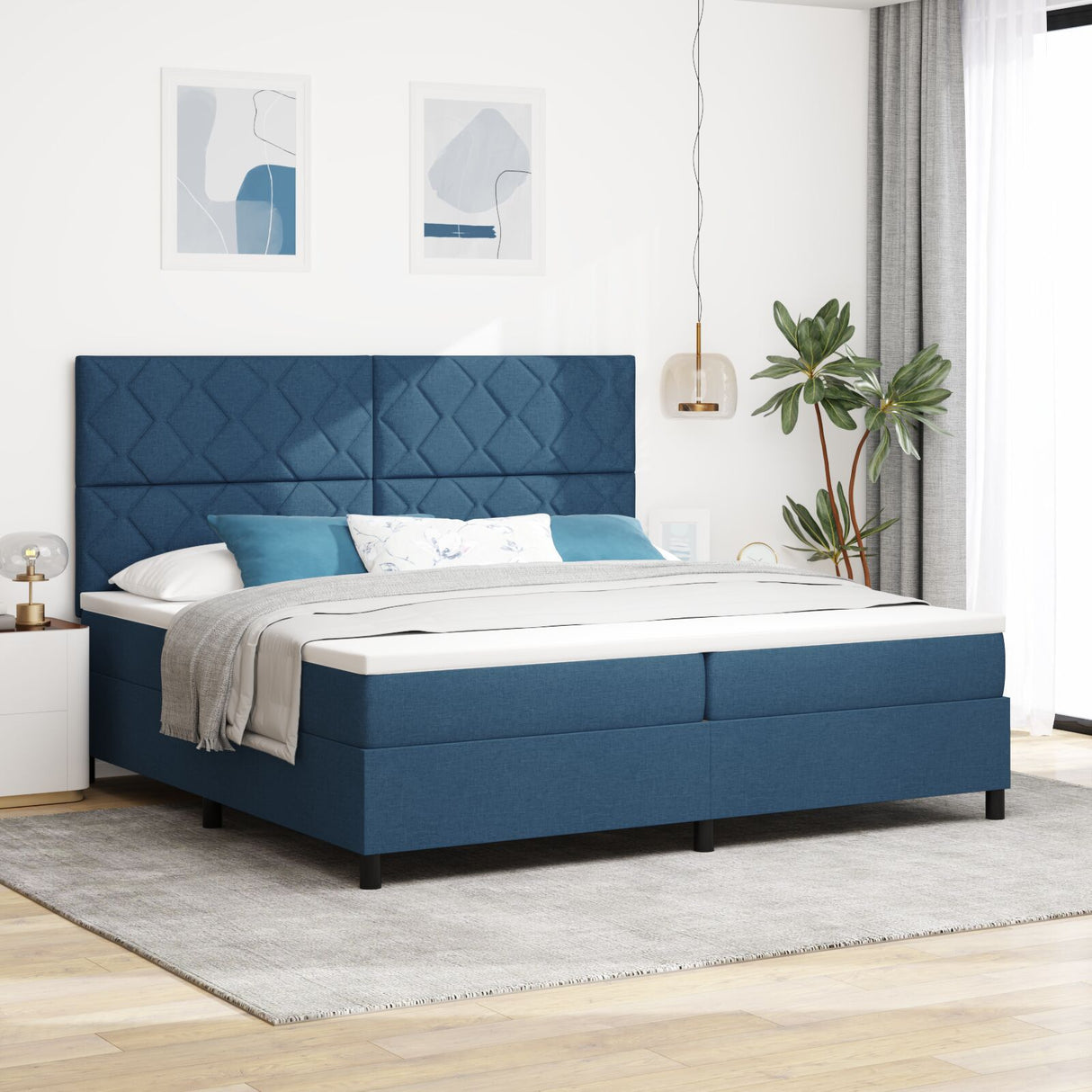 Box Spring Bed With Mattress & Led Blue 200X200 Cm Fabric