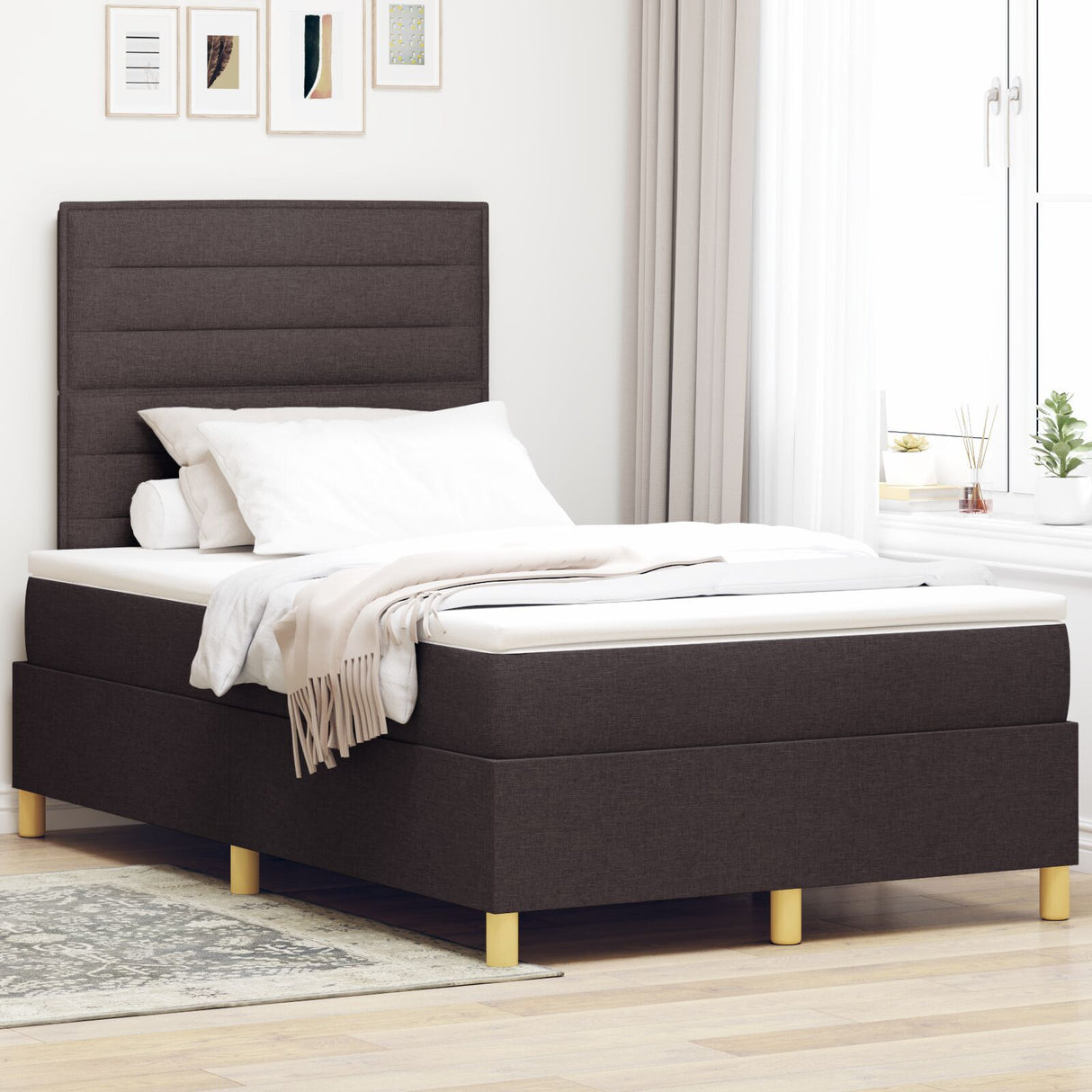 Box Spring Bed With Mattress & Led Dark Brown 120X190 Cm Fabric