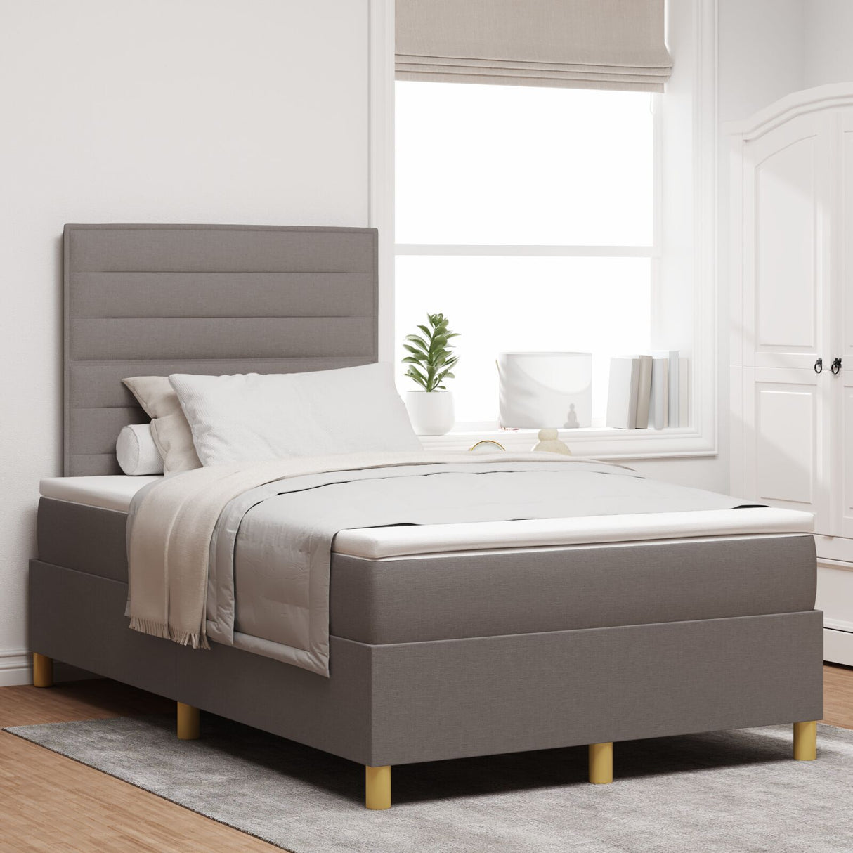 Box Spring Bed With Mattress & Led Taupe 120X200 Cm Fabric