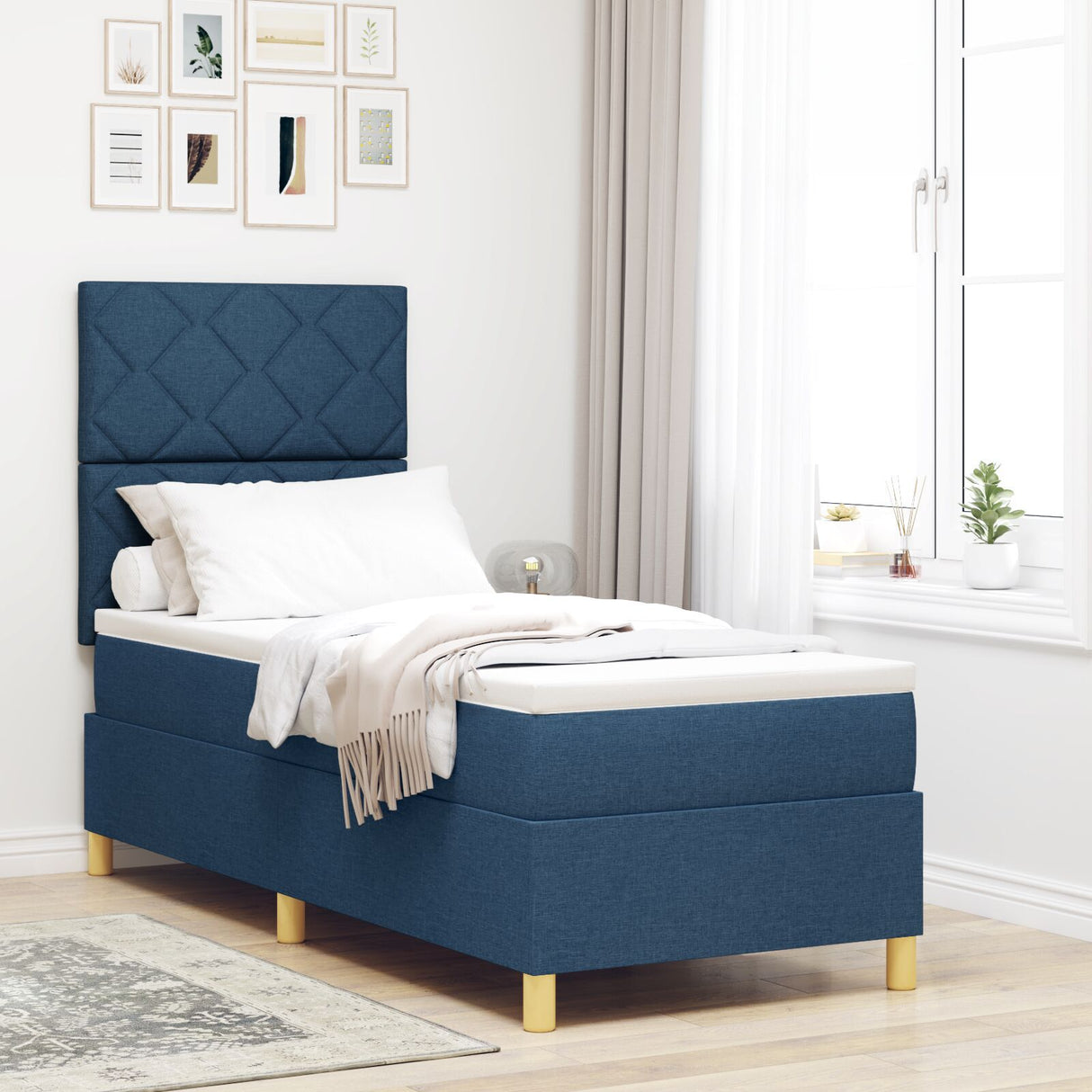Box Spring Bed With Mattress & Led Blue 80X200 Cm Fabric