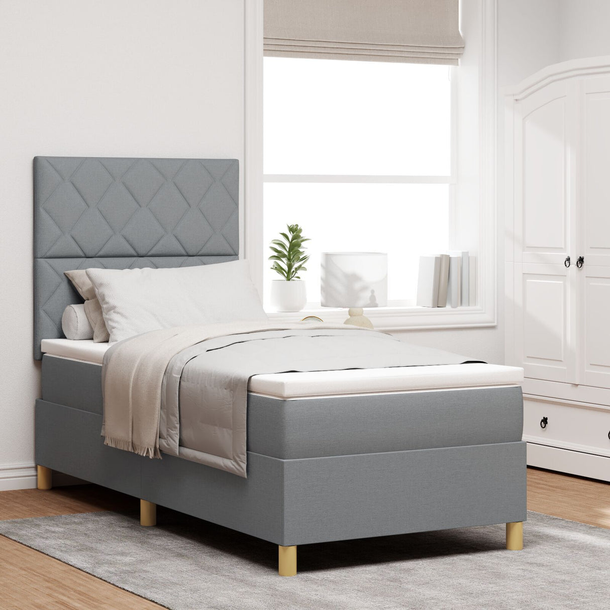 Box Spring Bed With Mattress & Led Light Grey 90X190 Cm Fabric