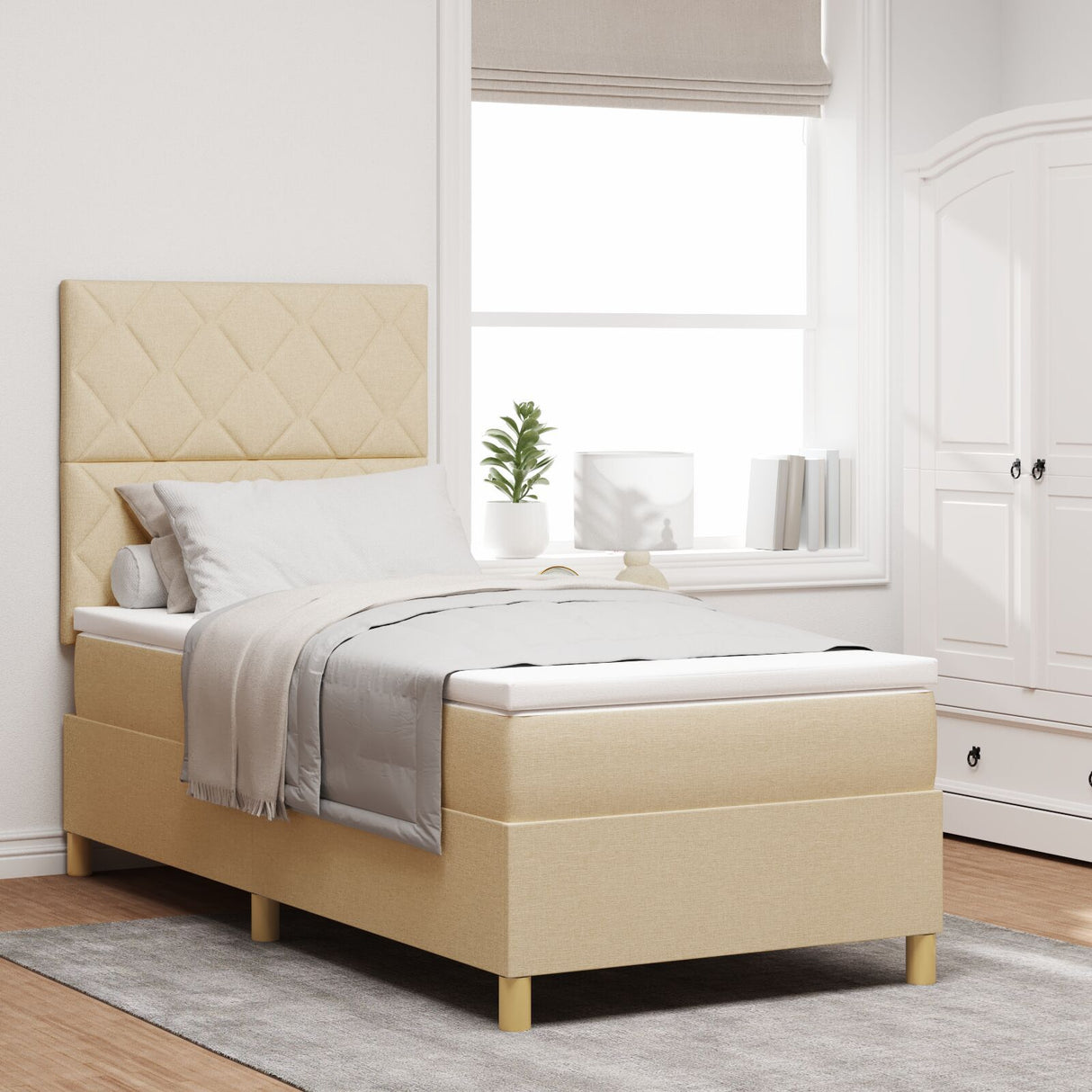 Box Spring Bed With Mattress & Led Cream 90X190 Cm Fabric