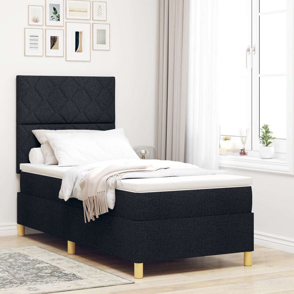 Box Spring Bed With Mattress & Led Black 90X200 Cm Fabric