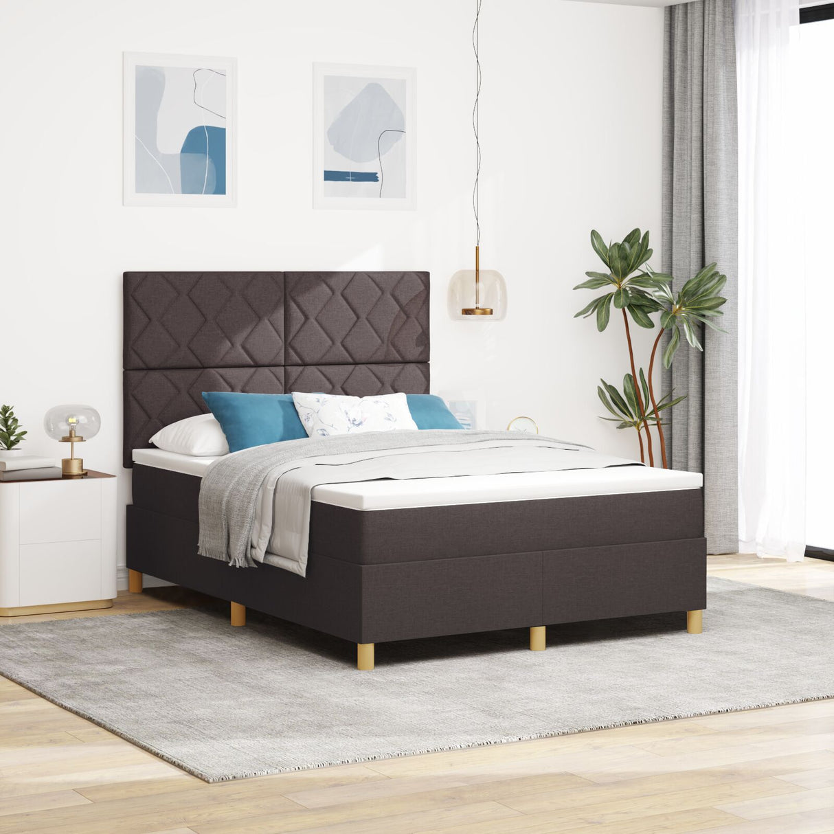 Box Spring Bed With Mattress & Led Dark Brown 140X200 Cm Fabric