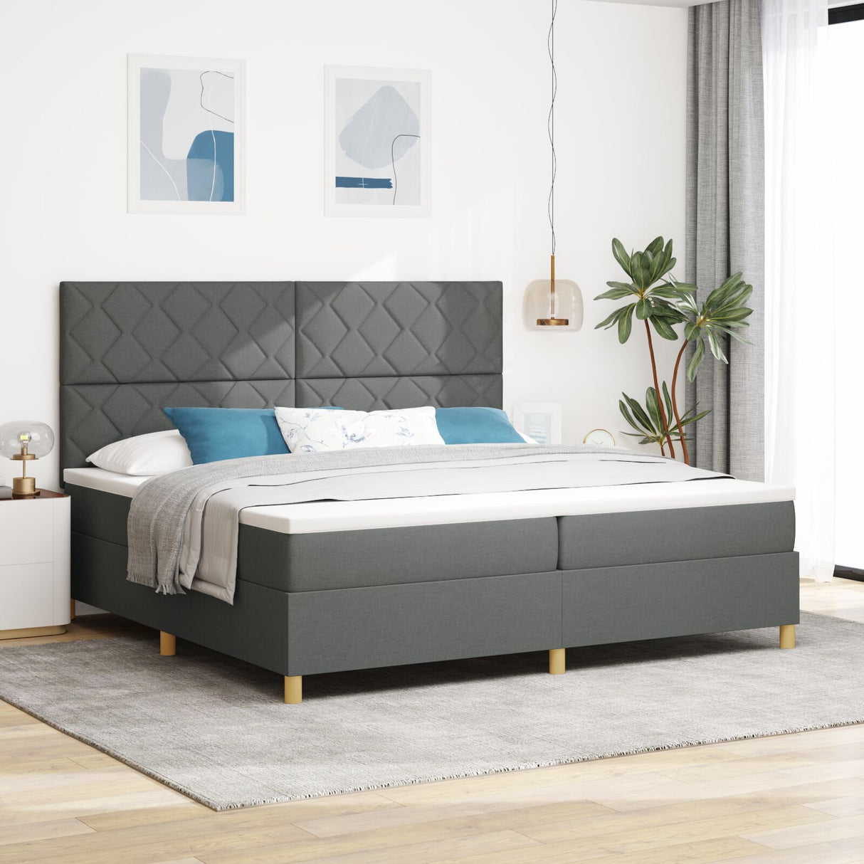 Box Spring Bed With Mattress & Led Dark Grey 200X200 Cm Fabric