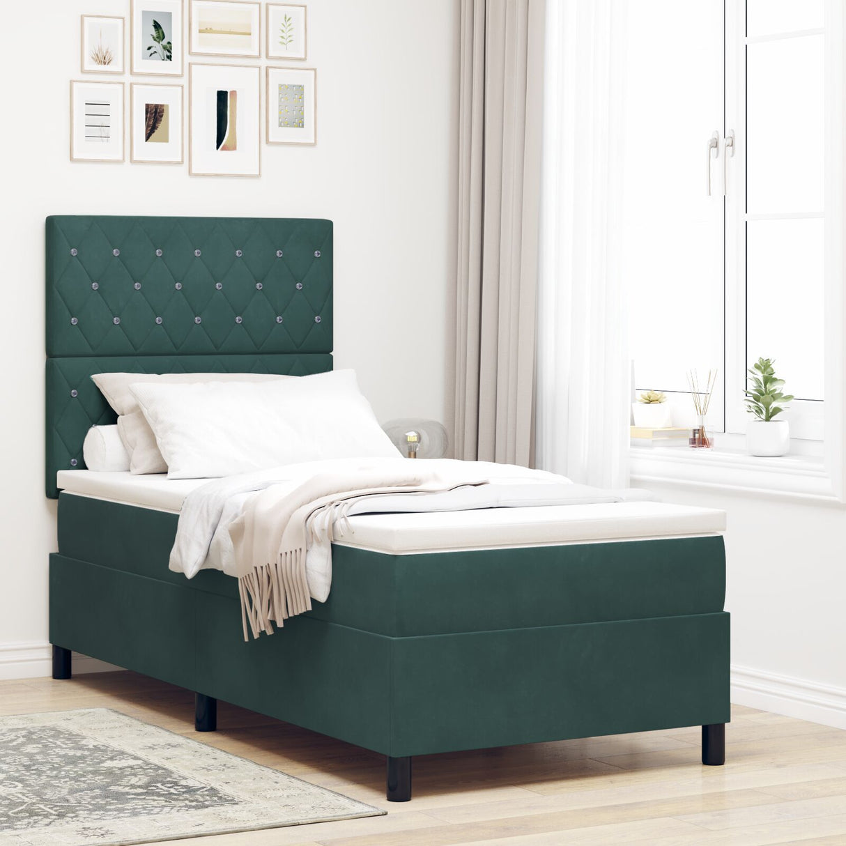 Box Spring Bed With Mattress & Led Dark Green 90X190 Cm Velvet