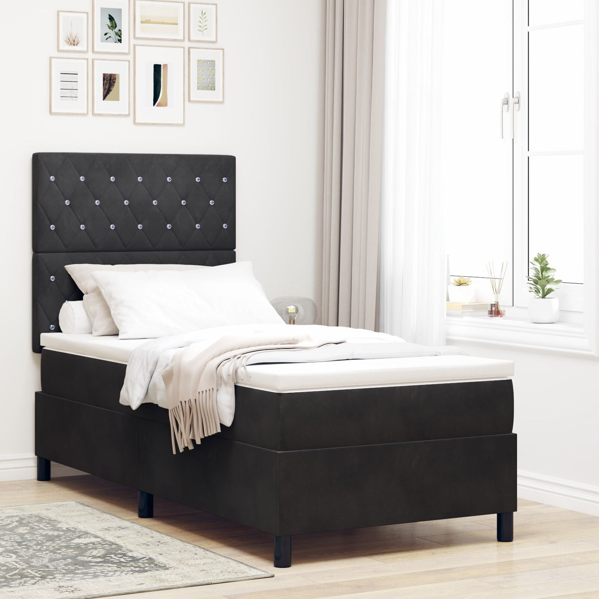 Box Spring Bed With Mattress & Led Black 100X200 Cm Velvet