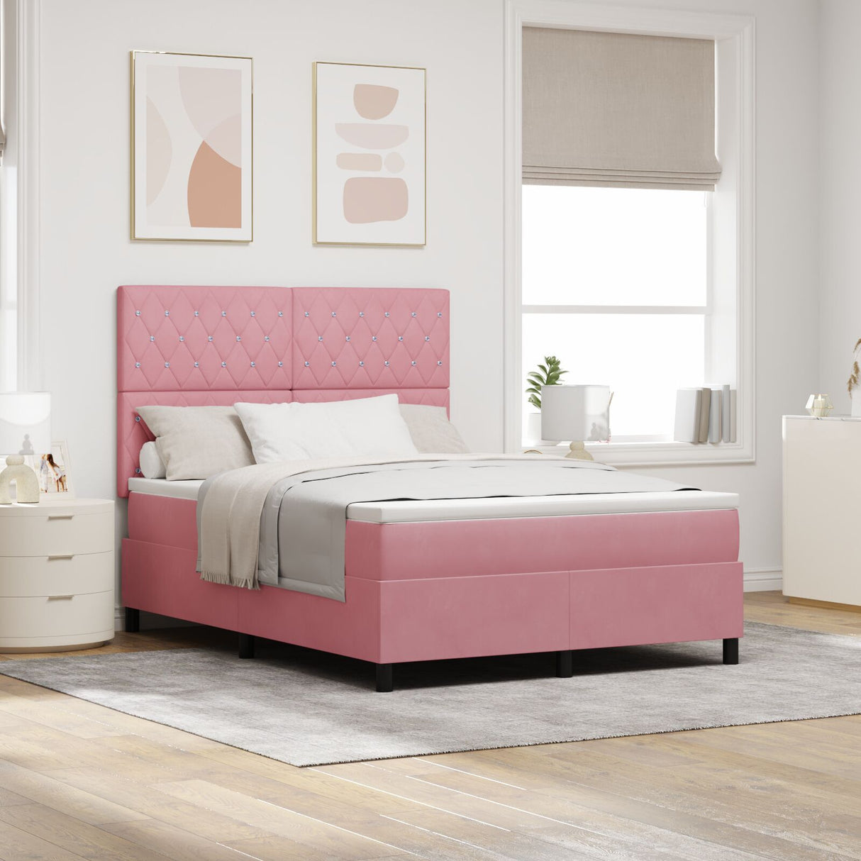 Box Spring Bed With Mattress & Led Pink 160X200 Cm Velvet