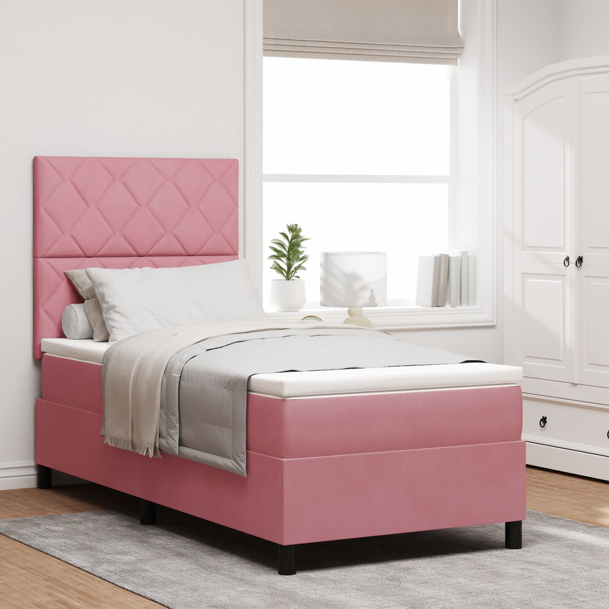 Box Spring Bed With Mattress & Led Pink 90X190 Cm Velvet