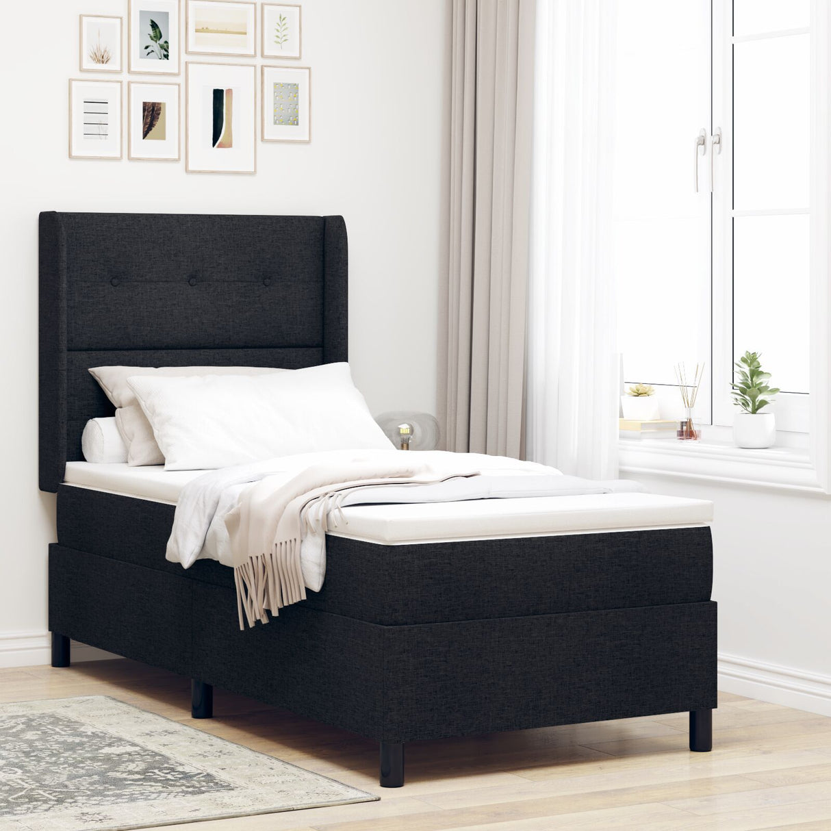 Box Spring Bed With Mattress & Led Black 90X200 Cm Fabric