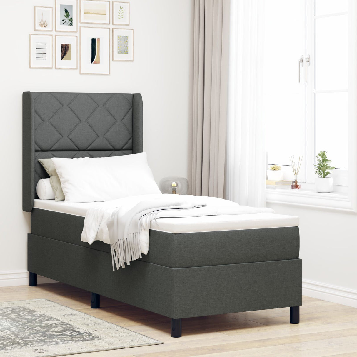 Box Spring Bed With Mattress & Led Dark Grey 90X190 Cm Fabric