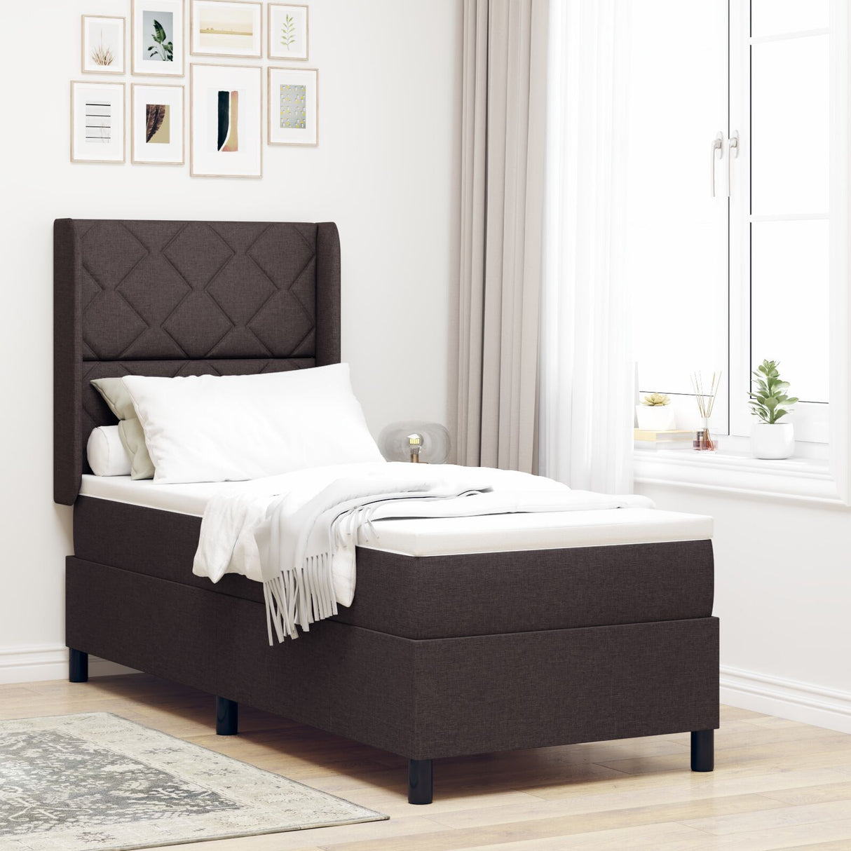 Box Spring Bed With Mattress & Led Dark Brown 90X190 Cm Fabric