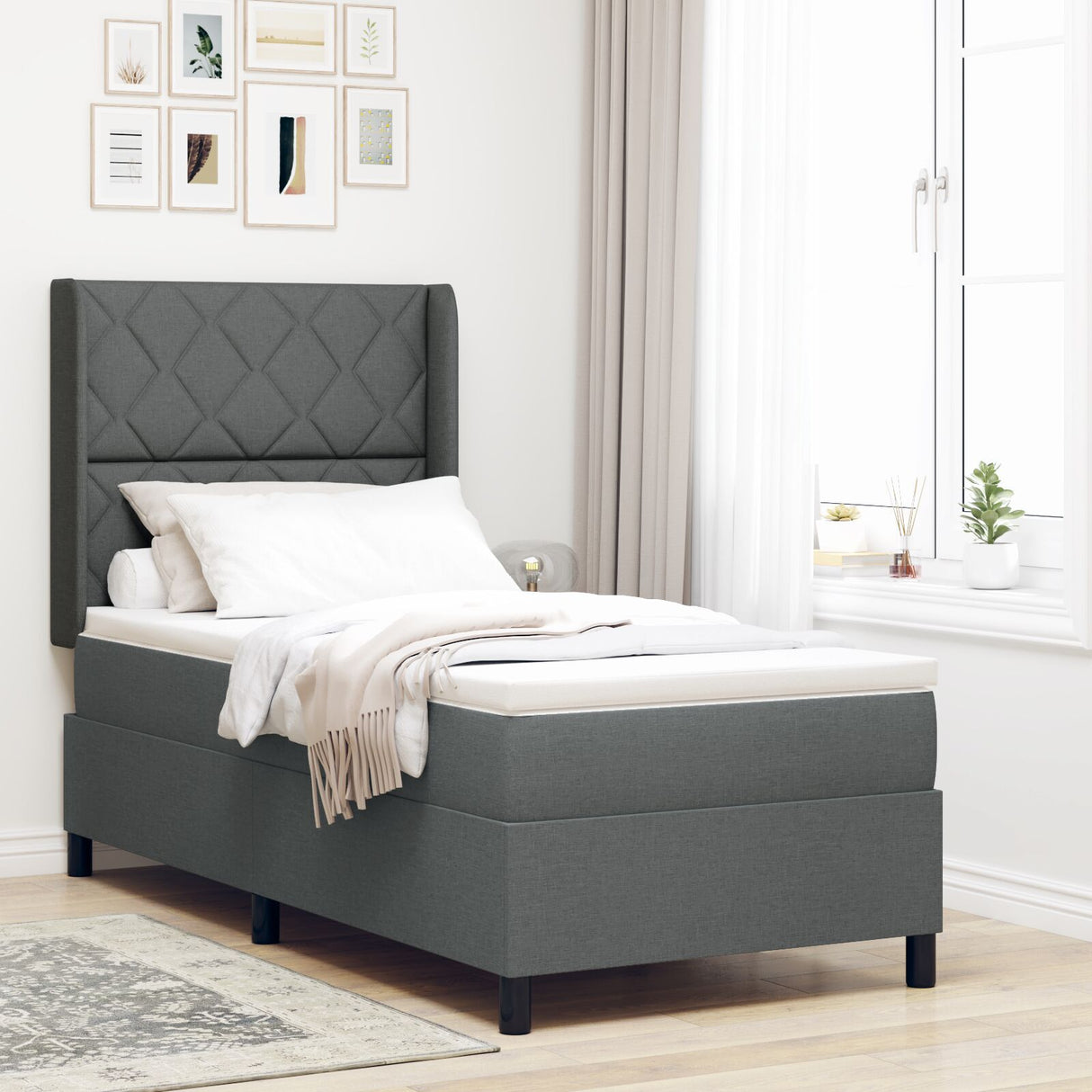 Box Spring Bed With Mattress & Led Dark Grey 90X200 Cm Fabric