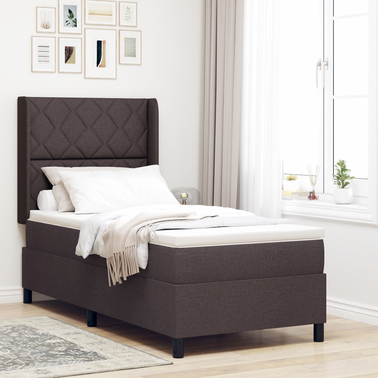 Box Spring Bed With Mattress & Led Dark Brown 100X200 Cm Fabric