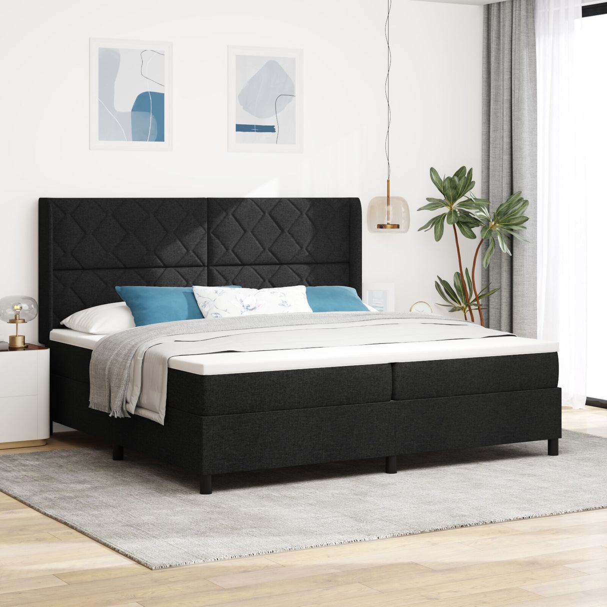 Box Spring Bed With Mattress & Led Black 200X200 Cm Fabric