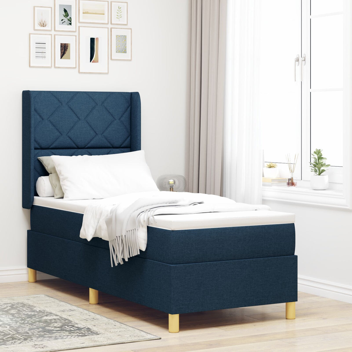 Box Spring Bed With Mattress & Led Blue 80X200 Cm Fabric