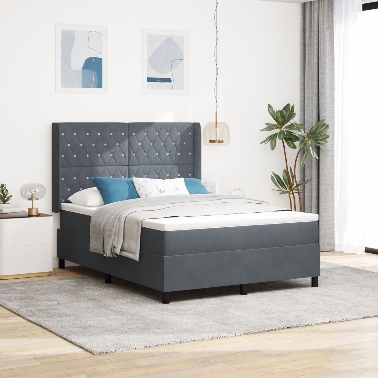 Box Spring Bed With Mattress & Led Dark Grey 140X190 Cm Velvet