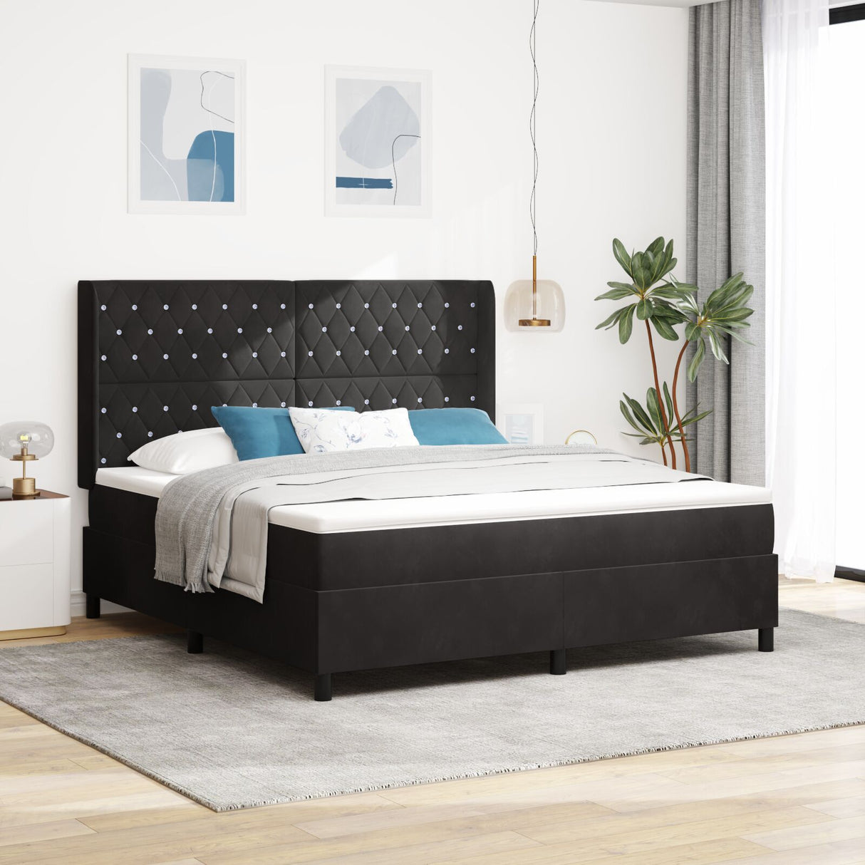 Box Spring Bed With Mattress & Led Black 180X200 Cm Velvet