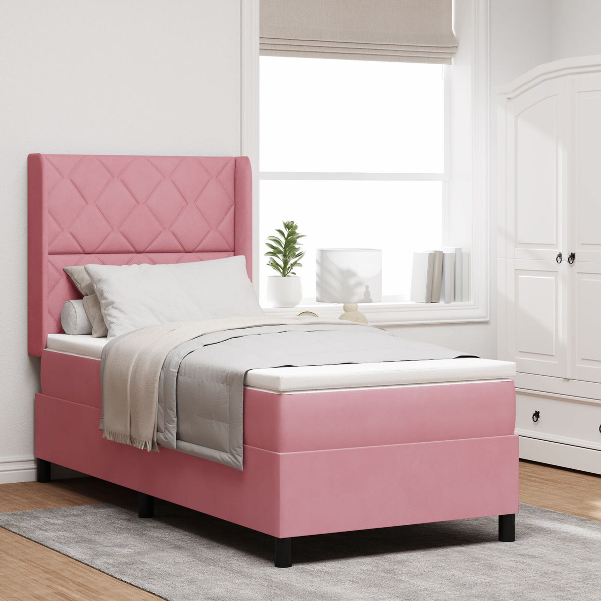 Box Spring Bed With Mattress & Led Pink 90X190 Cm Velvet