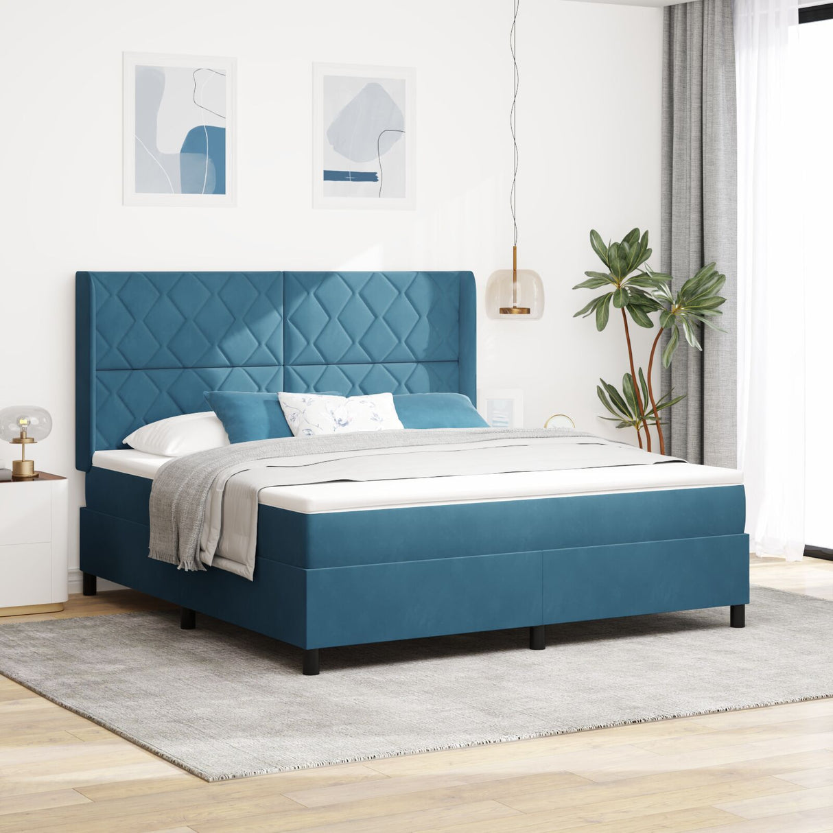 Box Spring Bed With Mattress & Led Dark Blue 180X200 Cm Velvet