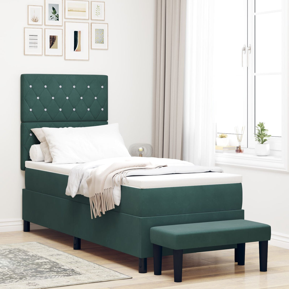 Box Spring Bed With Mattress & Bench Dark Green 80X200 Cm Velvet