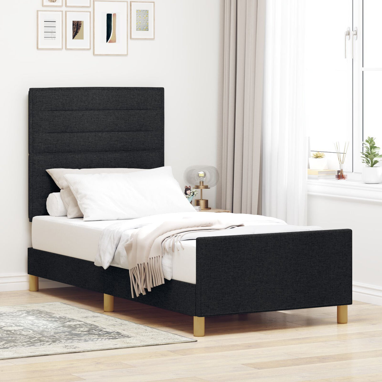 Black Fabric Bed Frame 90X190 Cm