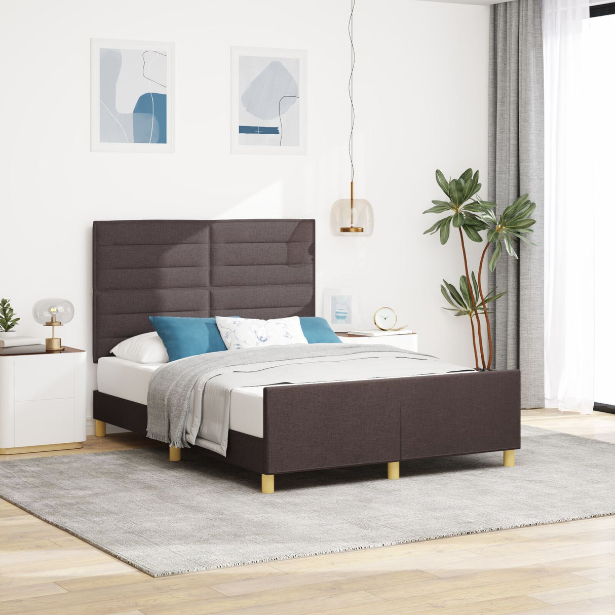Dark Brown Fabric Bed Frame 140X190 Cm