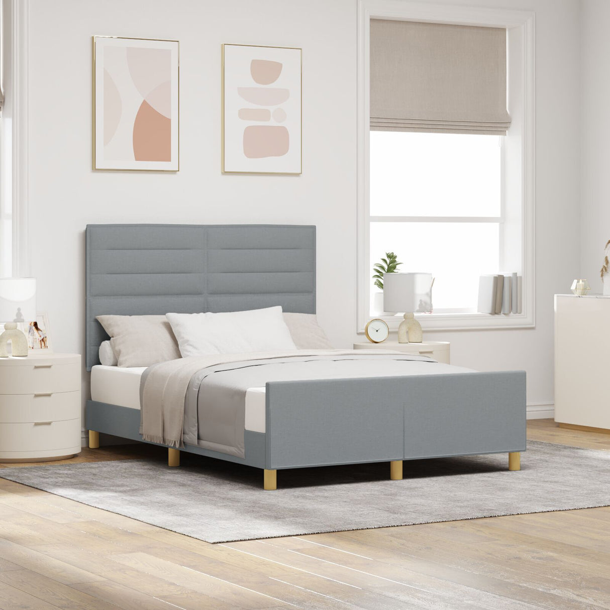 Bed Frame In Light Grey, 140X200 Cm, Fabric