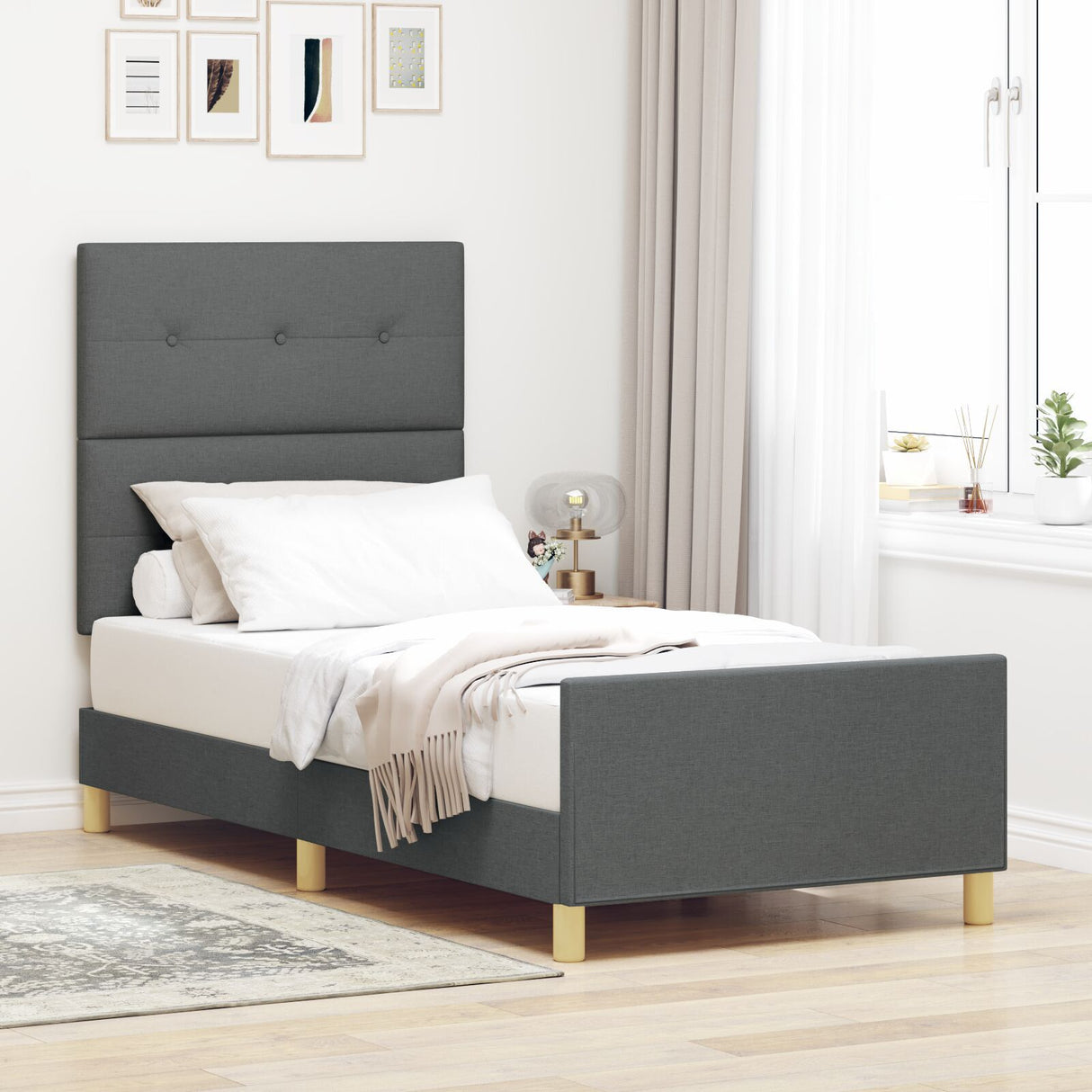 Bed Frame In Dark Grey, 80X200 Cm, Fabric