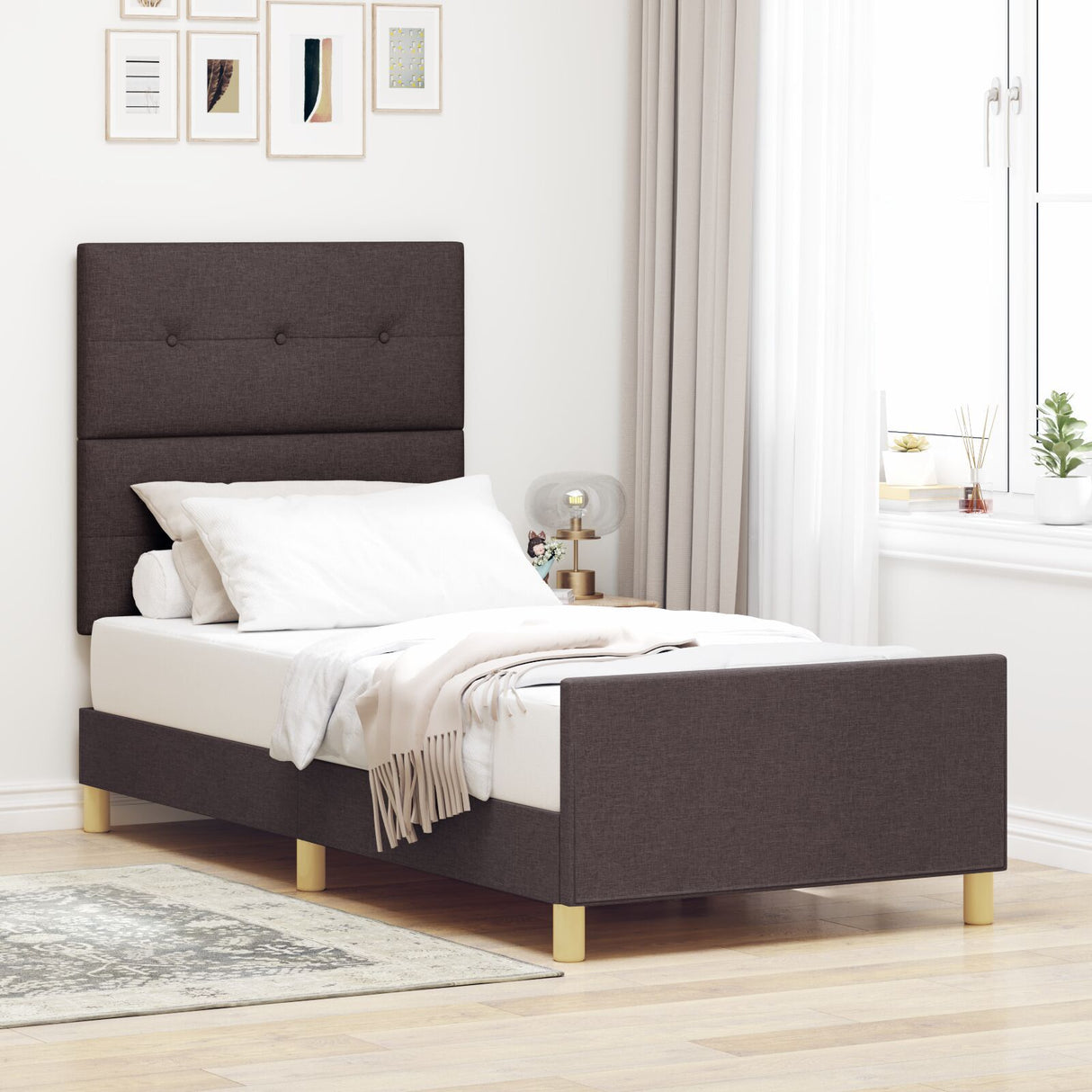 Bed Frame Dark Brown 90X200 Cm Fabric