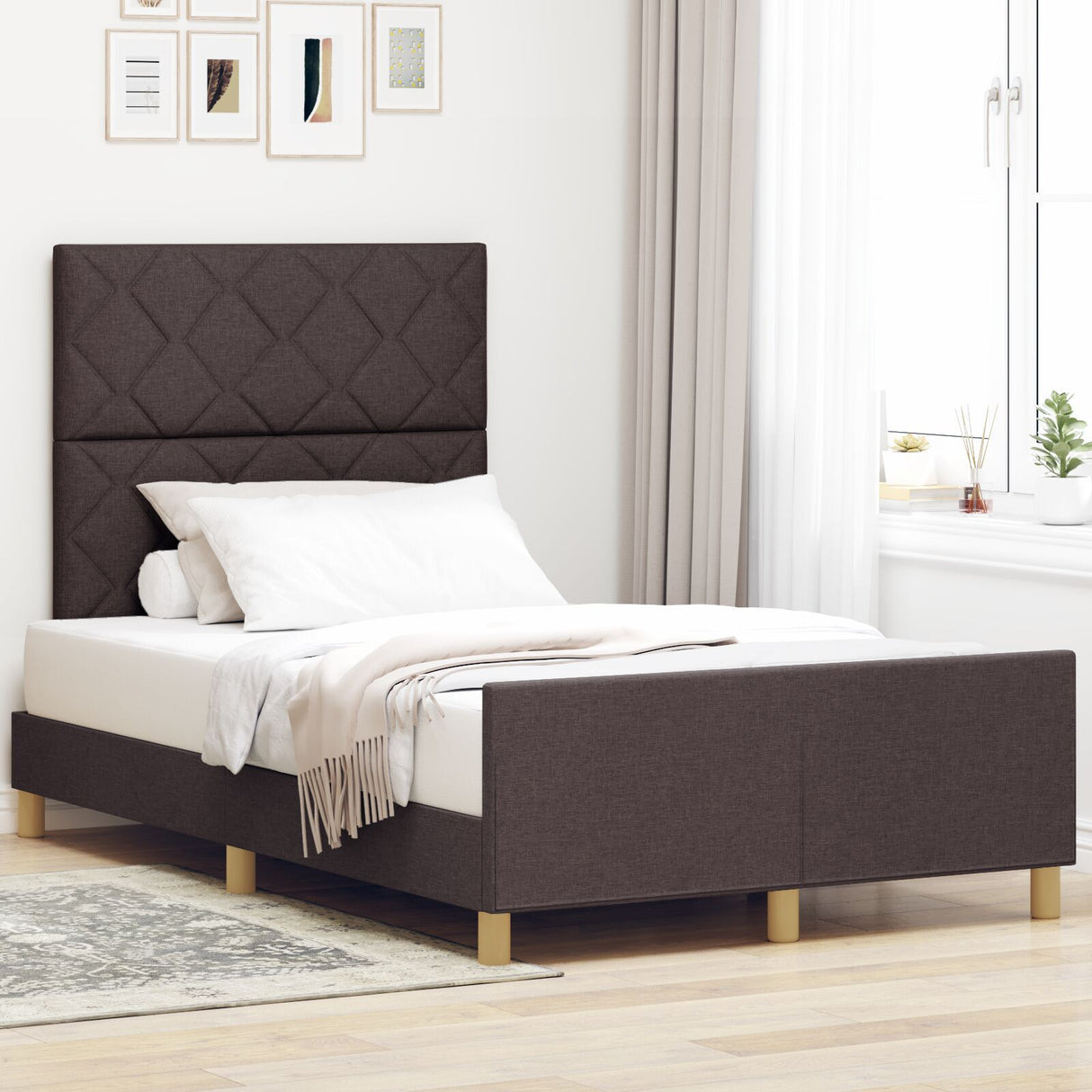 Bed Frame In Dark Brown, 120X200 Cm, Fabric