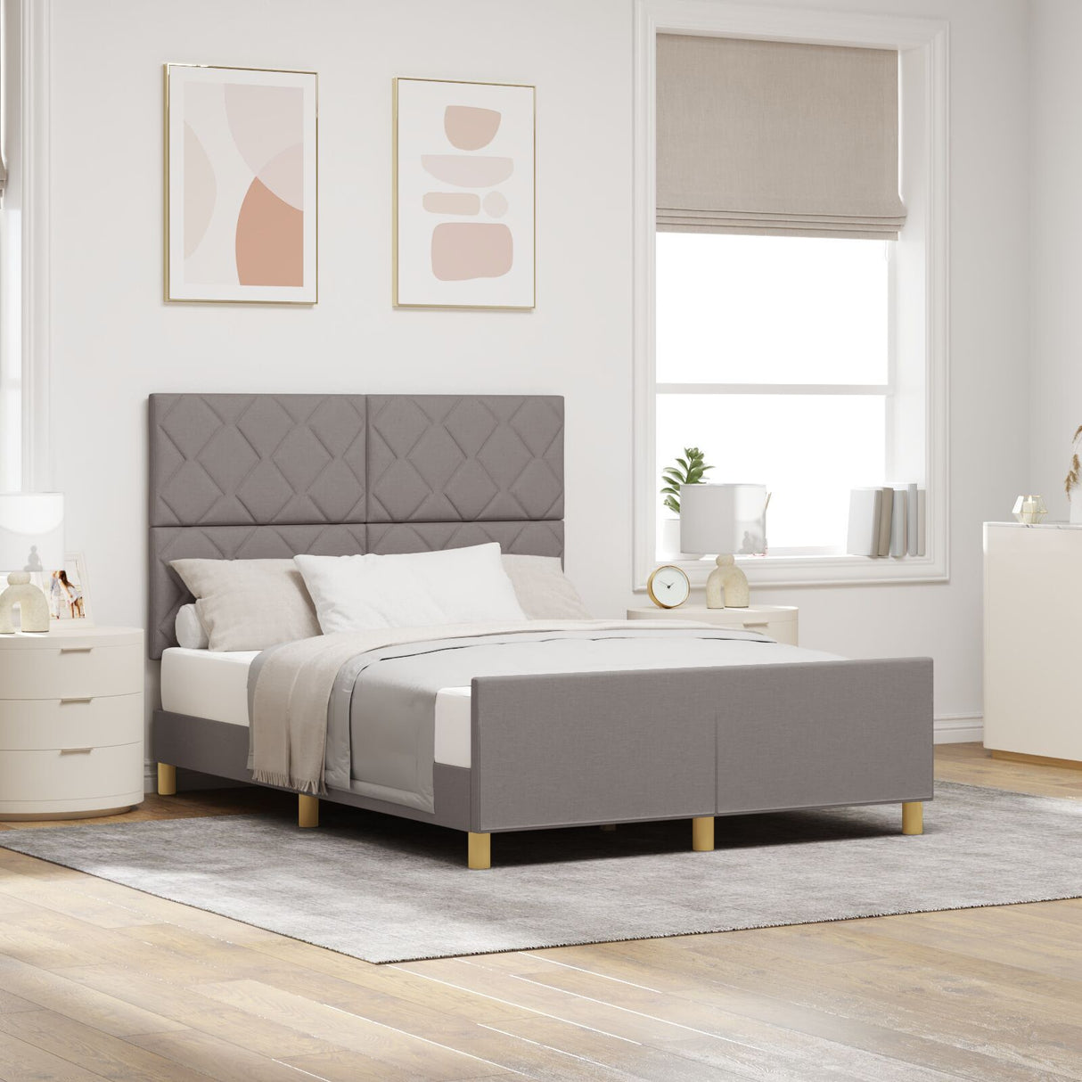 Bed Frame In Taupe, 140X190 Cm, Fabric