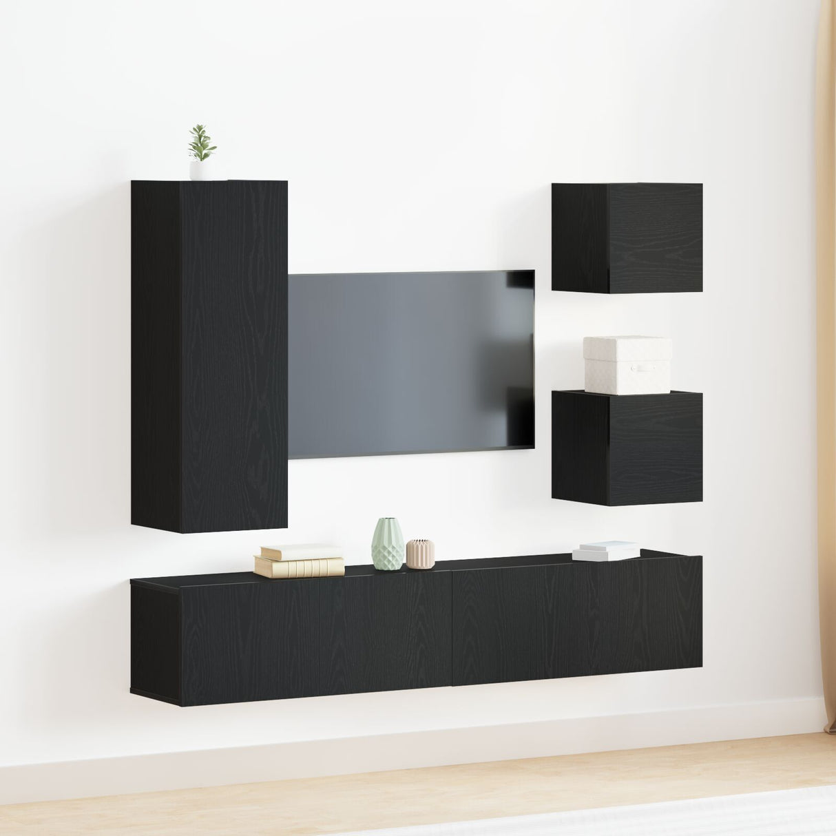6 Piece Tv Cabinet Set Black Oak Engineered Wood, Wall Mounted Tv Cabinets 2 Pcs Black Oak 30.5X30X30 Cm, Wall-Mounted Tv Cabinet In Black Oak - 30.5X30X90 Cm, Made Of Engineered Wood, Black Oak Tv Stand 80X30X30 Cm Made Of Engineered Wood