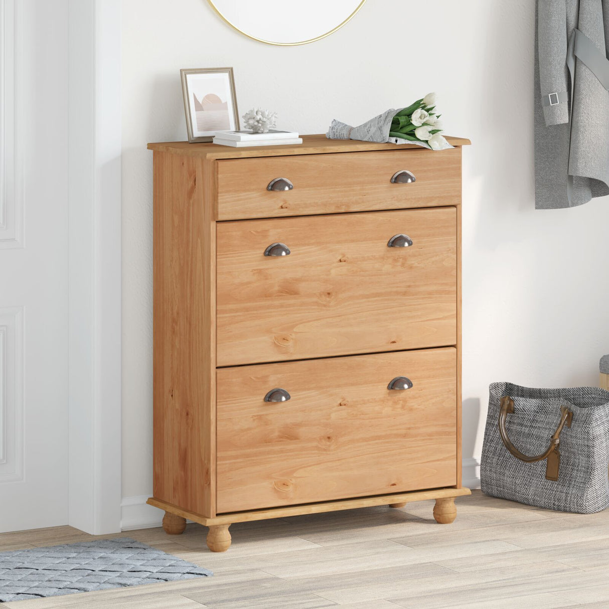 Shoe Cabinet "Askim" 85X35X108 Cm Solid Wood Pine